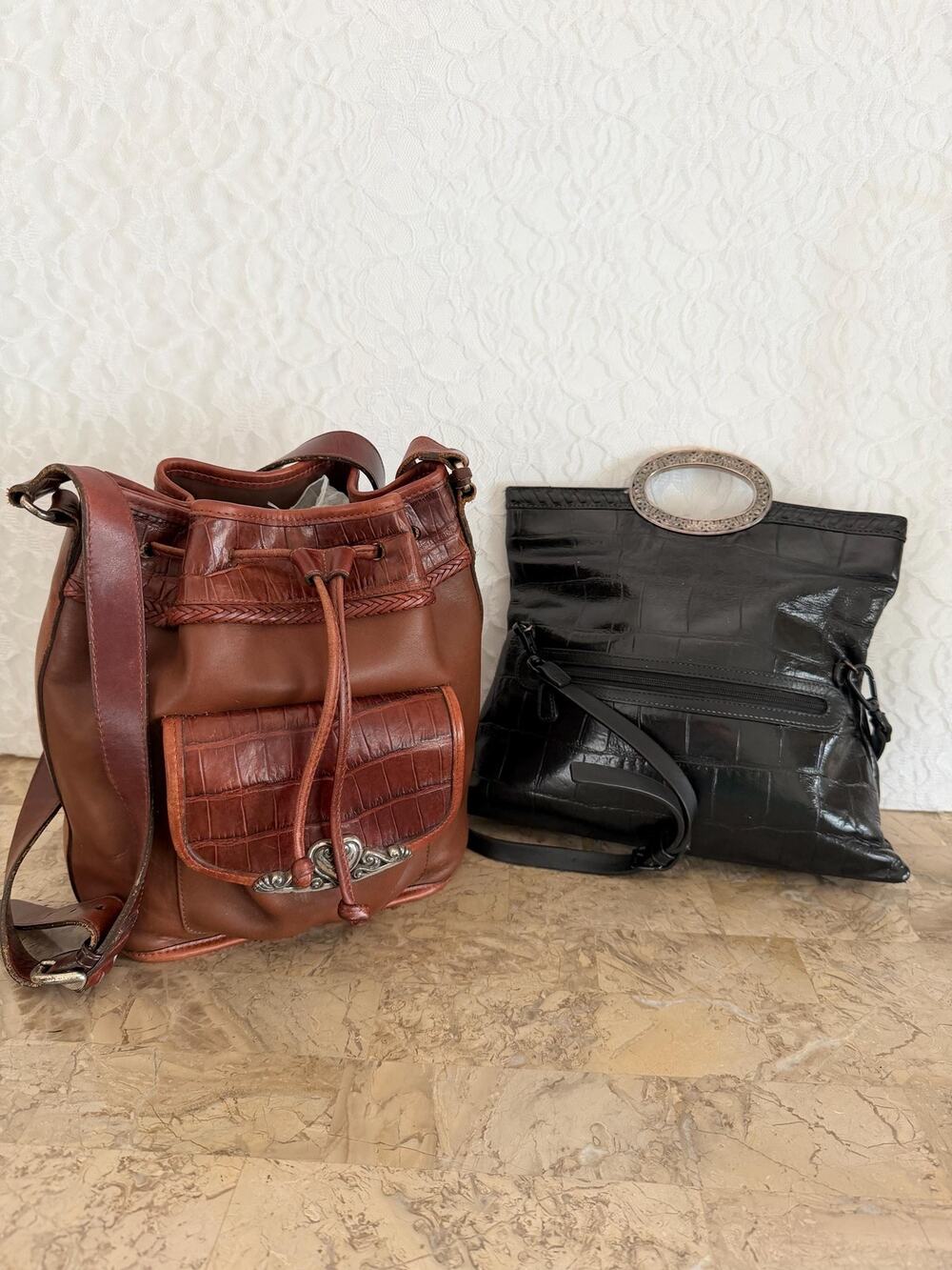 lot of 2 Brighton leather croc embossed bucket shoulder bag and foldable bag